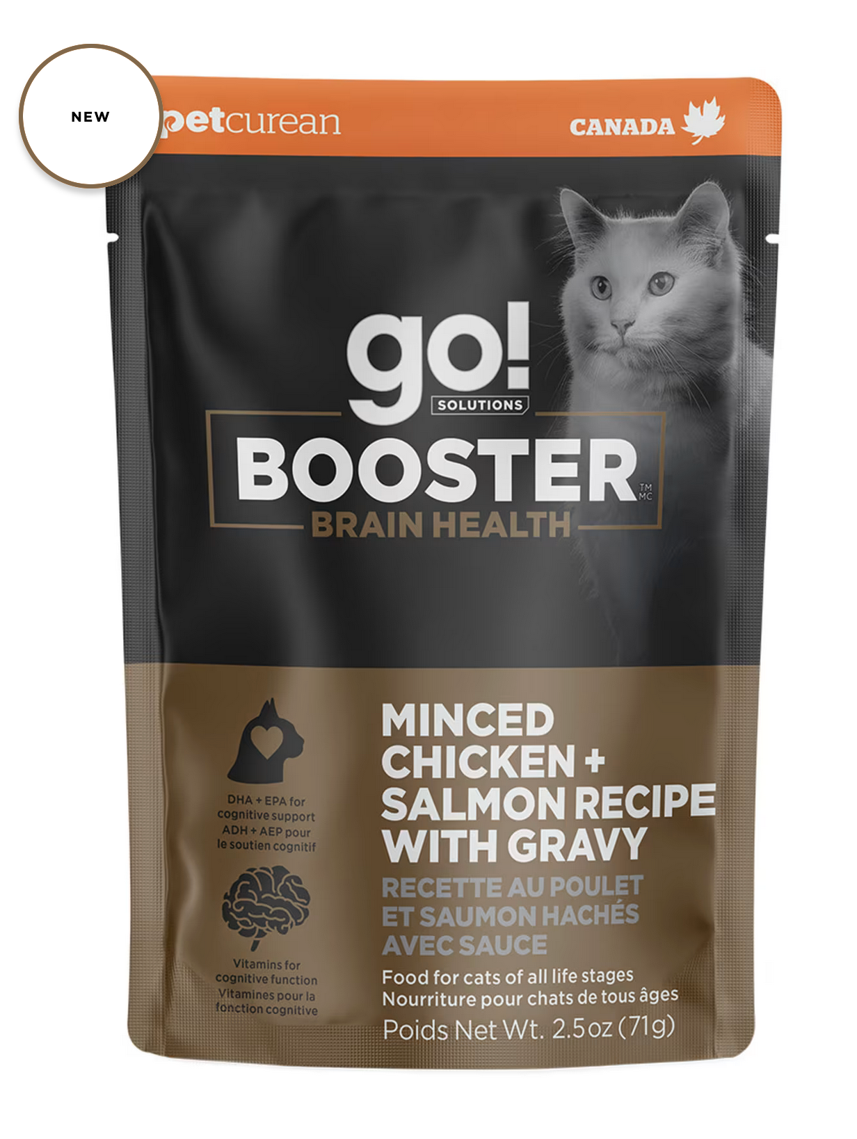 Help maintain your very-clever-cat's cognitive capabilities with a complete + balanced cat food topper designed to support your cat's healthy brain. GO! SOLUTIONS Minced Chicken + Salmon with Gravy for Brain Health combines DHA and EPA-rich salmon and...