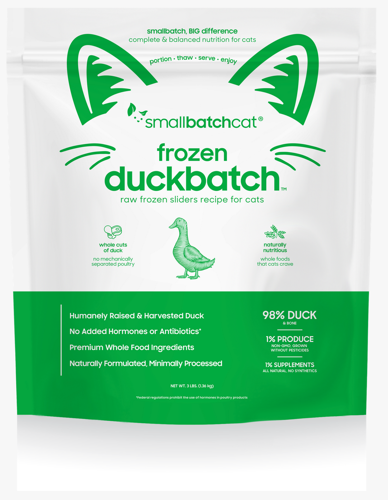 Small Batch Cat Raw Frozen Duck Sliders 3 Lb.