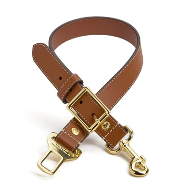 Pinewood Leather Tan Dog Seatbelt with Gold Hardware